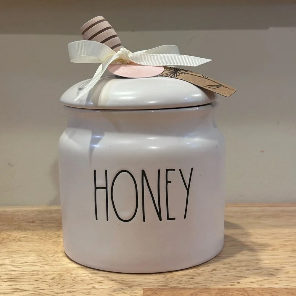 Rae Dunn Artisans Collection Ceramic Honey Jar With Lid & Wood Spoon NWTS
